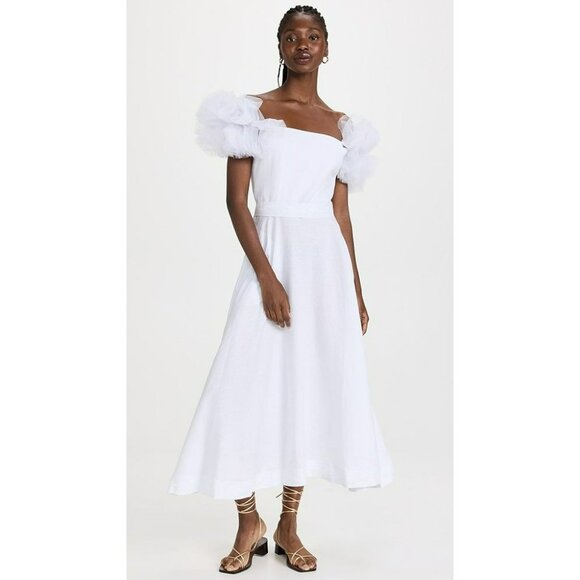 NEW Fanm Mon Giamba White Dress Embroidered Hem Tulle Puff Sleeve XXS - Picture 1 of 13
